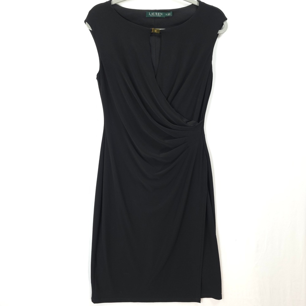 Lauren Ralph Lauren Black Wrap Dress Ruched Sheath Knee Length 8 Quiet Luxury‎